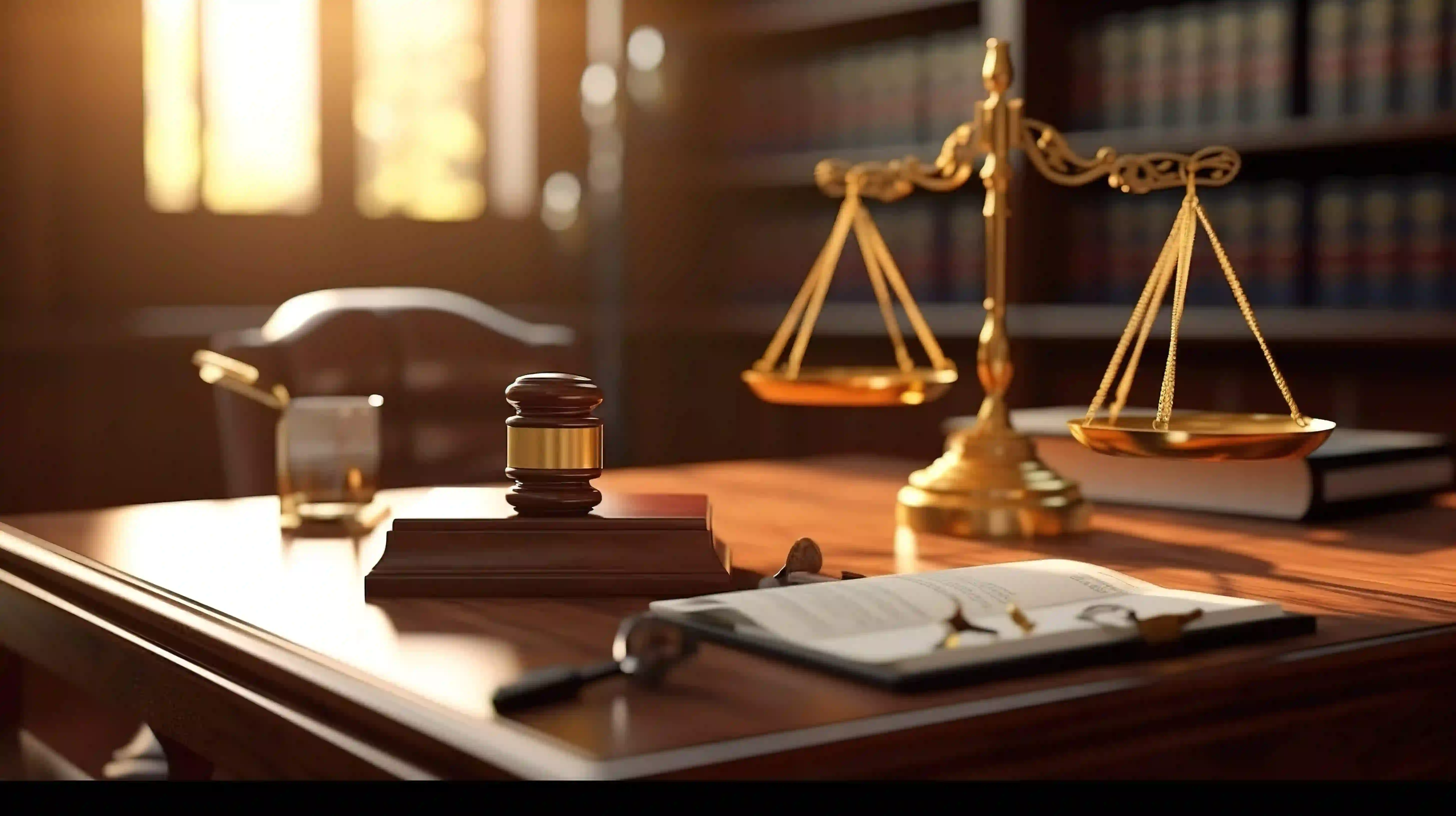 Classic polished brass scales of justice resting on mahogany courtroom counsel desk